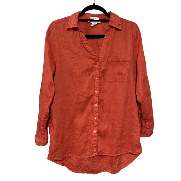 C&C California Tops - 100% Linen V Neck Button Down Shirt Resort Beach Coral Orange C&C California L